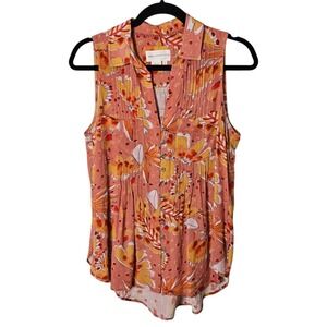 Vera Anthropologie S Orange Tank Top Tunic Floral Collar Button Up Boho Colorful